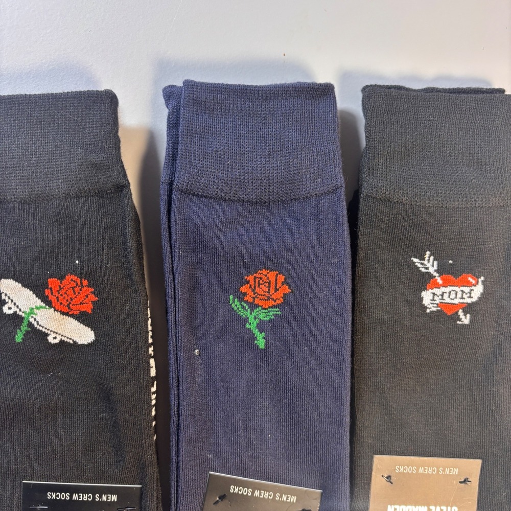 Steve Madden Mens Crew Socks 6 Pack Rose Skateboard Mom Tattoo Design 6-12.5 New